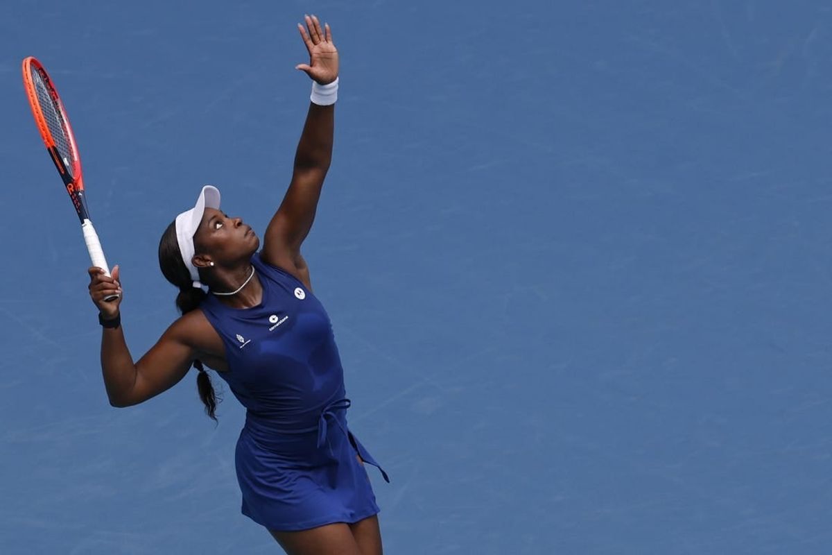 Mar 20, 2024; Miami Gardens, FL, USA; Sloane Stephens (USA) serves against Angelique Kerber (GER) (not pictured) on day three of the  Miami Open at Hard Rock Stadium.