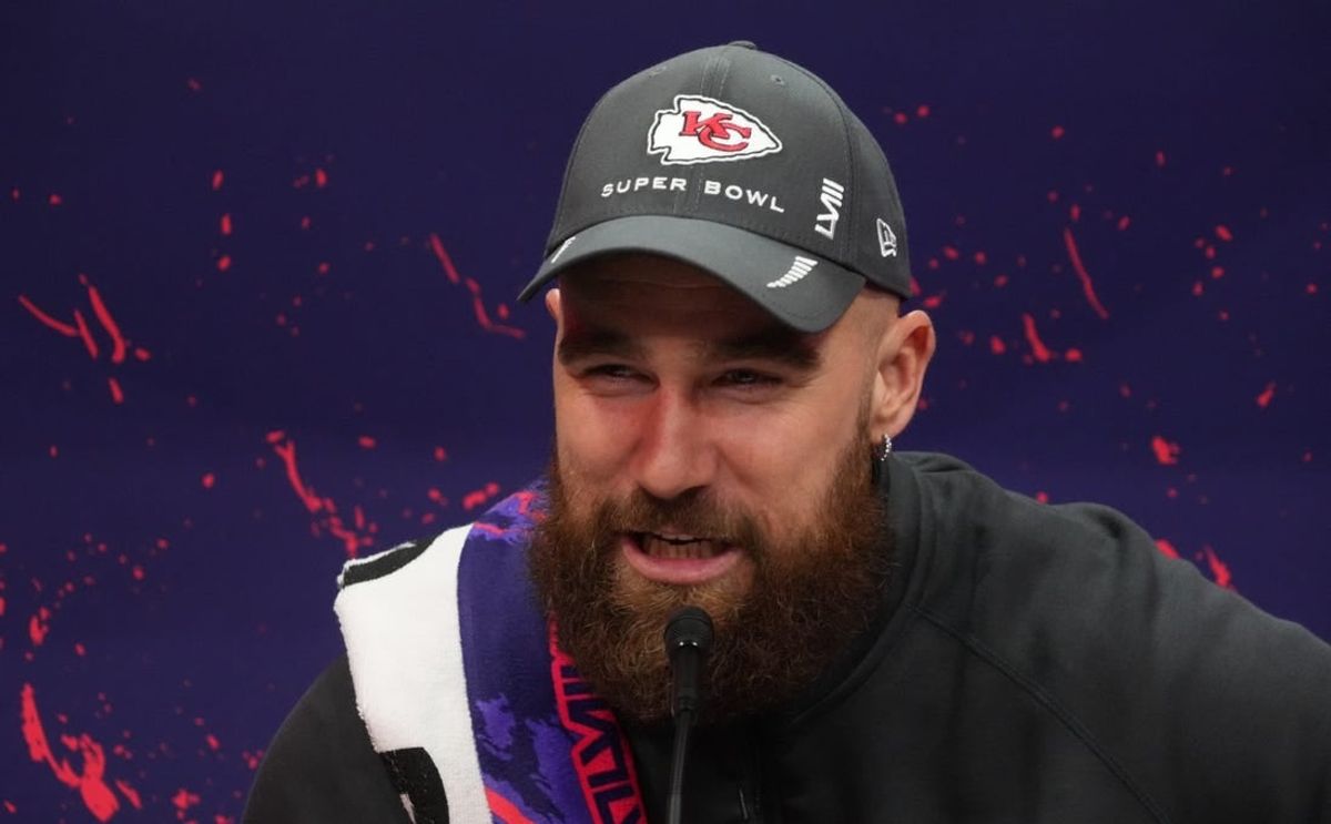 Feb 5, 2024; Las Vegas, NV, USA; Kansas City Chiefs tight end Travis Kelce (87) during Super Bowl LVIII Opening Night at Allegiant Stadium.