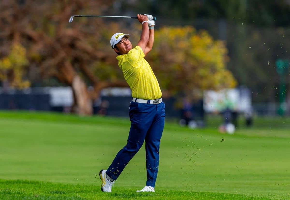 Feb 18, 2024; Pacific Palisades, California, USA; Hideki Matsuyama plays on the third hole during the final round of The Genesis Invitational golf tournament at Riveria Country Club.