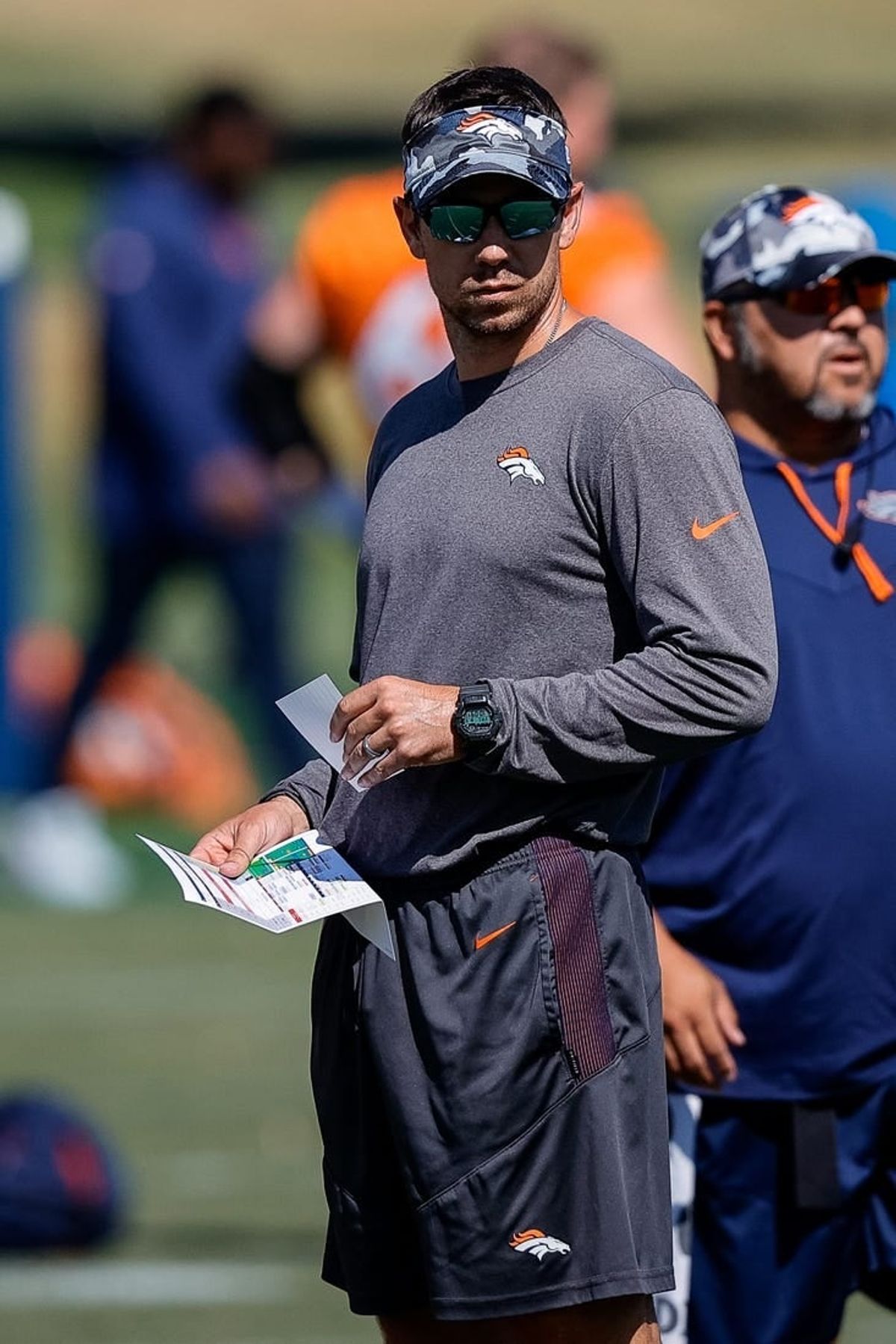 Aug 5, 2022; Englewood, CO, USA; Denver Broncos passing game coordinator/quarterbacks coach Klint Kubiak during training camp at the UCHealth Training Center.