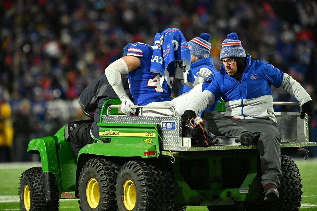 Jan 15, 2024; Orchard Park, New York, USA; Buffalo Bills linebacker Terrel Bernard (43) is carted off the field after an apparent injury against the Pittsburgh Steelers in a 2024 AFC wild card game at Highmark Stadium.