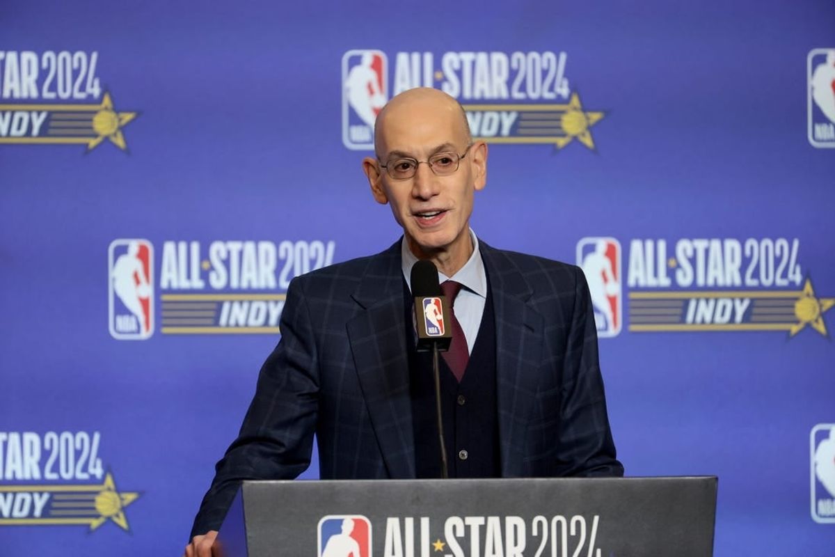 Feb 17, 2024; Indianapolis, IN, USA; NBA Commissioner Adam Silver talks to media during a press conference before NBA All Star Saturday Night at Lucas Oil Stadium.