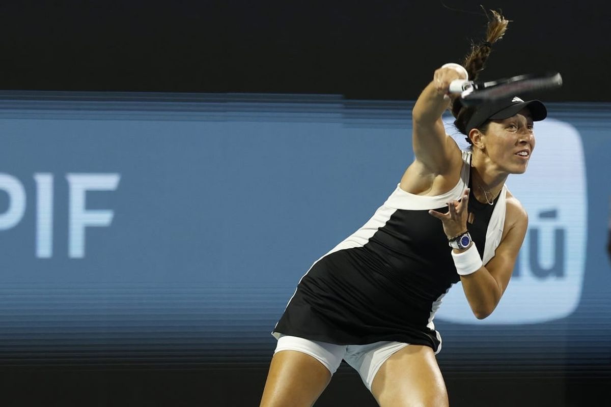 Mar 27, 2024; Miami Gardens, FL, USA; Jessica Pegula (USA) serves against Ekaterina Alexandrova (not pictured) on day ten of the Miami Open at Hard Rock Stadium.