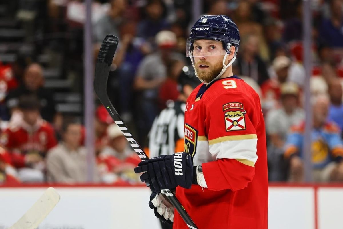 Apr 23, 2024; Sunrise, Florida, USA; Florida Panthers center Sam Bennett (9) looks on against the Tampa Bay Lightning during the first period in game two of the first round of the 2024 Stanley Cup Playoffs at Amerant Bank Arena.