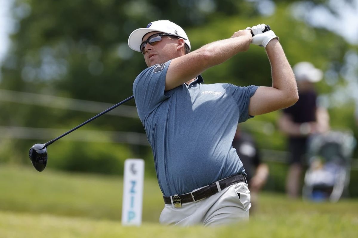 May 27, 2023; Potomac Falls, Virginia, USA; Andy Ogletree hits his tee shot on the second hole during the second round of LIV Golf Washington, D.C. golf tournament at Trump National.