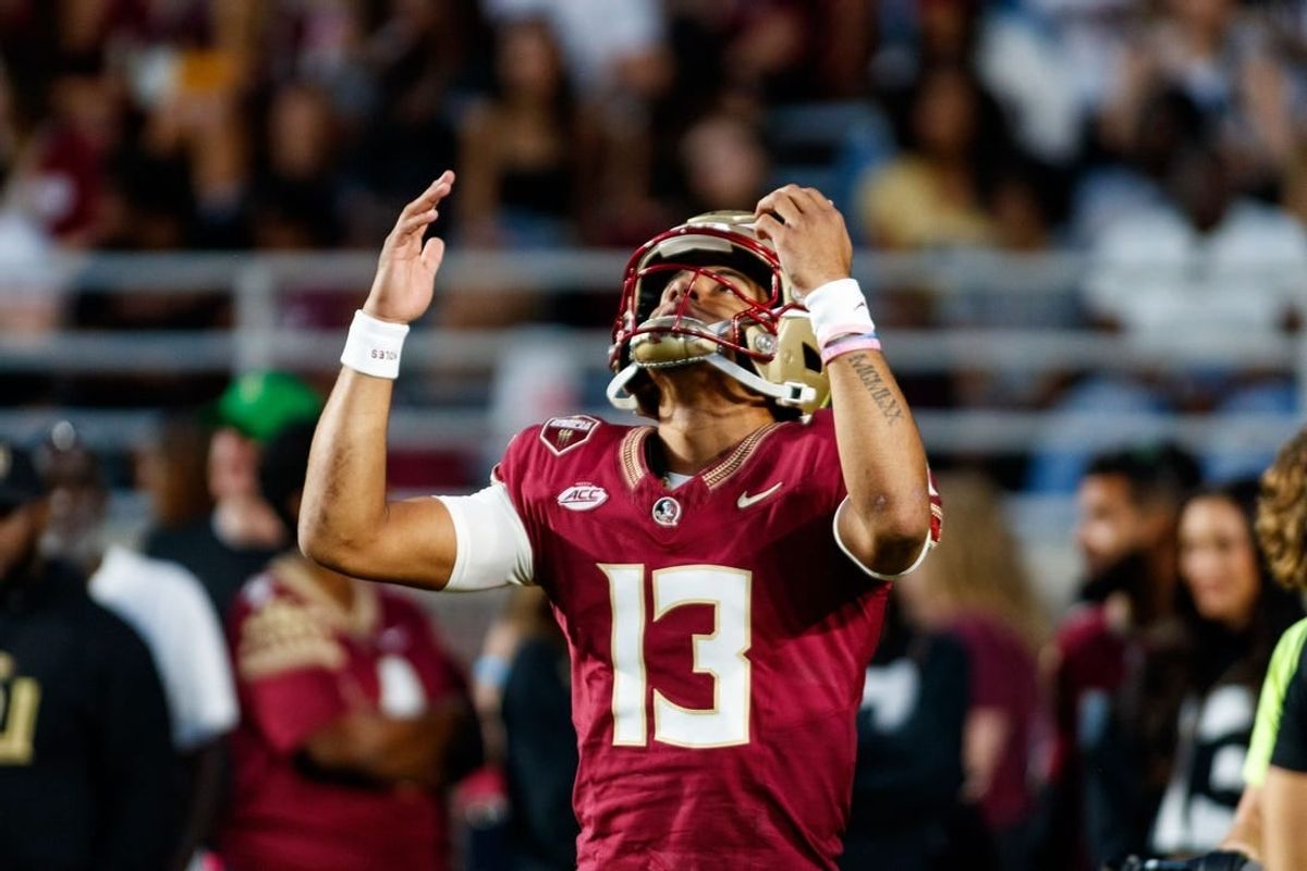 Nov 18, 2023; Tallahassee, Florida, USA; Florida State Seminoles quarterback Jordan Travis (13) during the warm ups before the game against the North Alabama Lions at Doak S. Campbell Stadium.