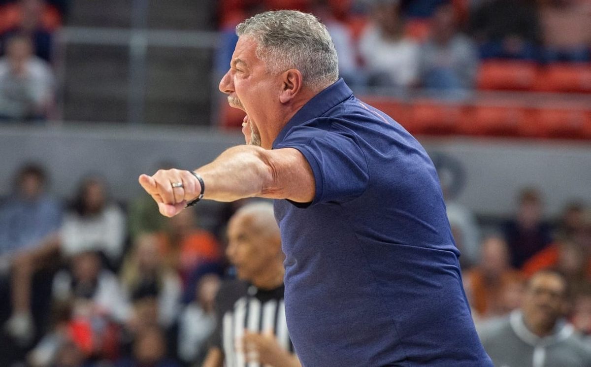 Auburn Tigers head coach Bruce Pearl talks with his team from the sideline as Auburn Tigers take on Alabama State Hornets at Neville Arena in Auburn, Ala., on Friday, Dec. 22, 2023.