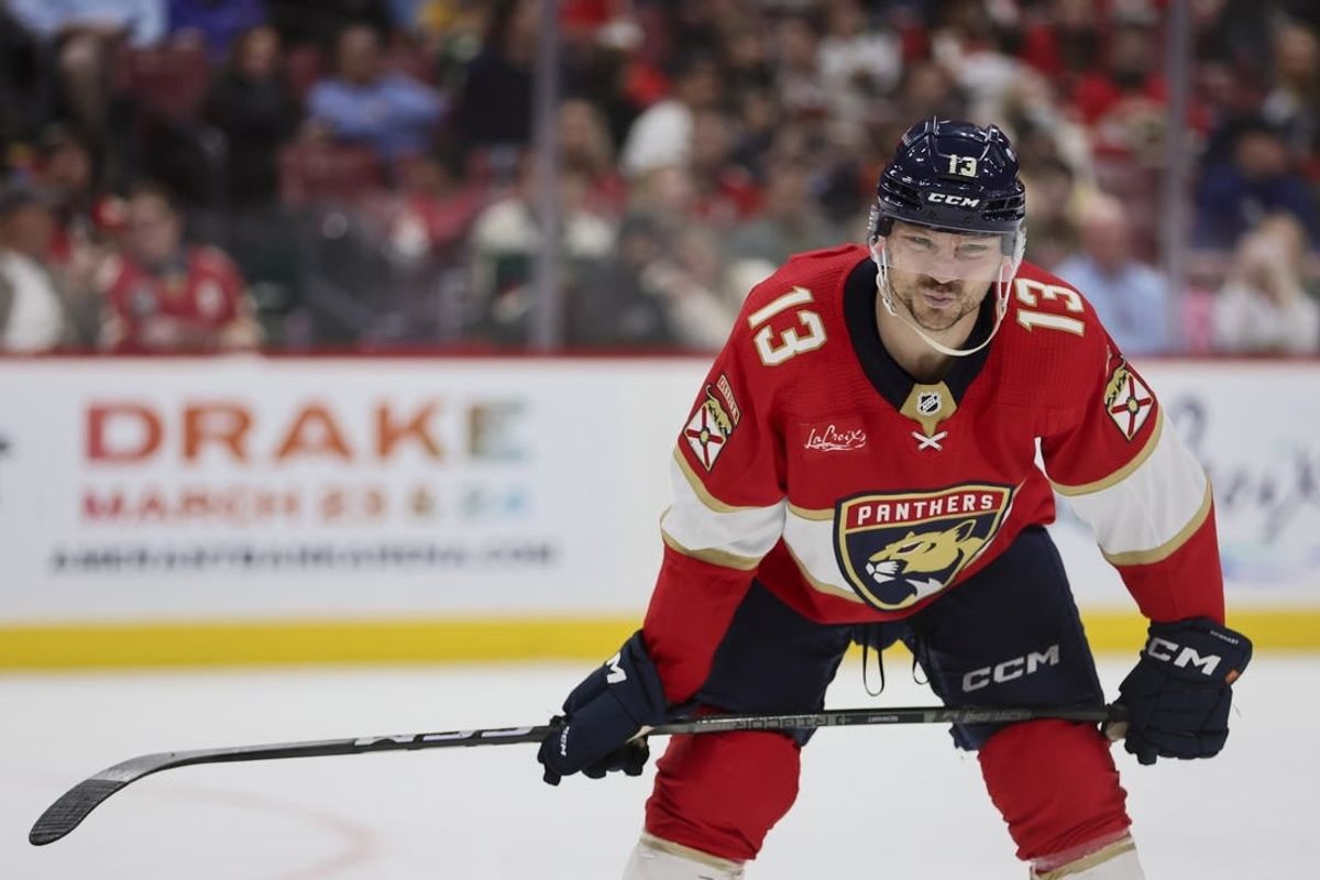Jan 19, 2024; Sunrise, Florida, USA; Florida Panthers center Sam Reinhart (13) looks on against the Minnesota Wild during the second period at Amerant Bank Arena.