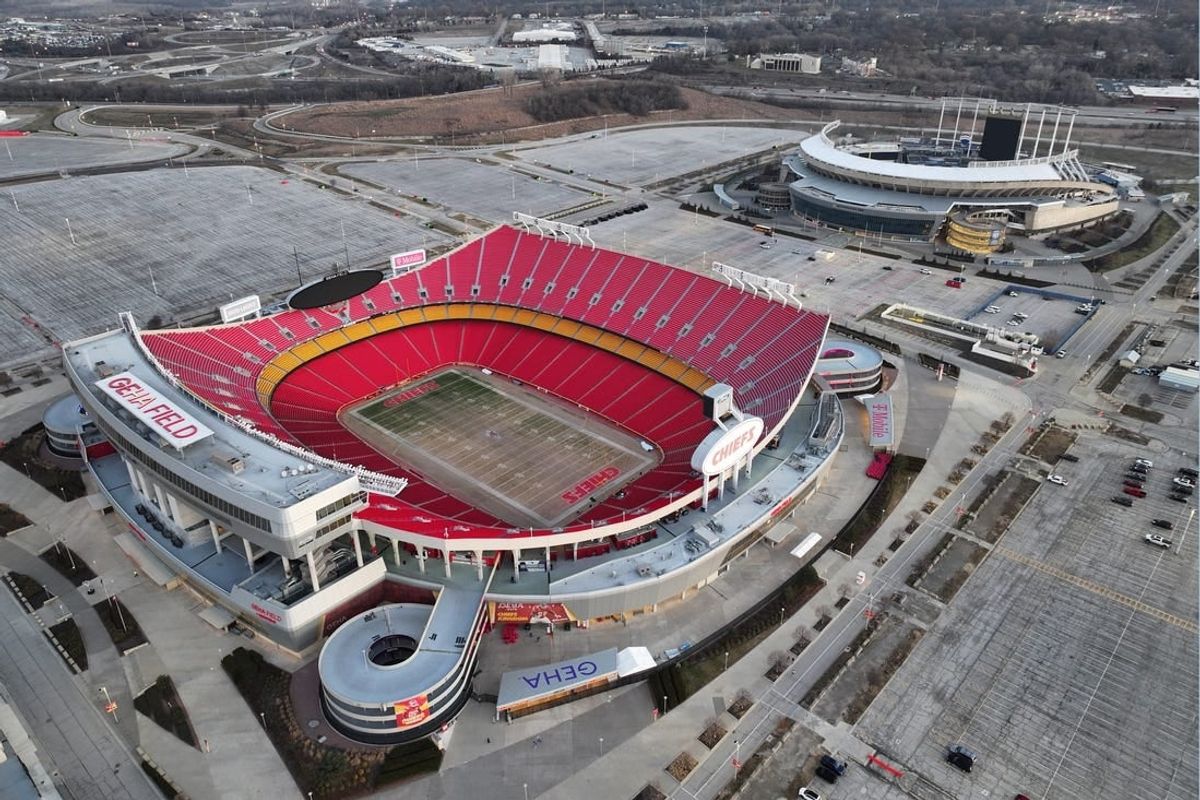 Feb 14, 2024; Kansas City, MO, USA; A general overall aerial view of Arrowhead Stadium (foreground) and Kauffman Stadium at the Truman Sports Complex.