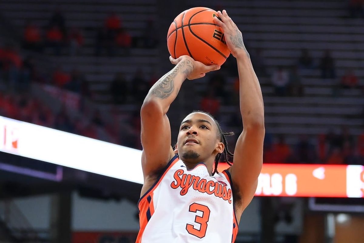 Nov 6, 2023; Syracuse, New York, USA; Syracuse Orange guard Judah Mintz (3) shoots the ball against the New Hampshire Wildcats during the second half at the JMA Wireless Dome.