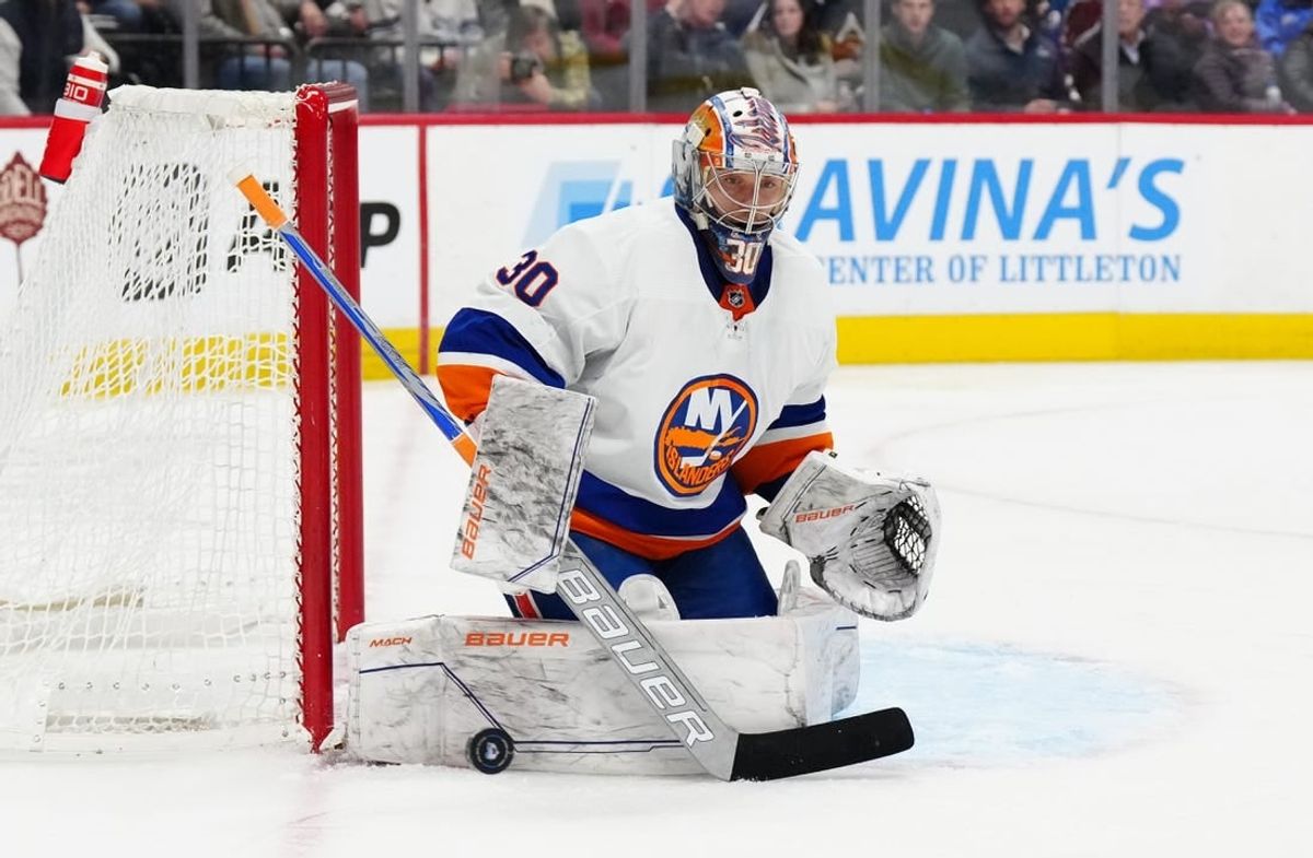 Jan 2, 2024; Denver, Colorado, USA; New York Islanders goaltender Ilya Sorokin (30) makes a pad save in the second period against the Colorado Avalanche at Ball Arena.