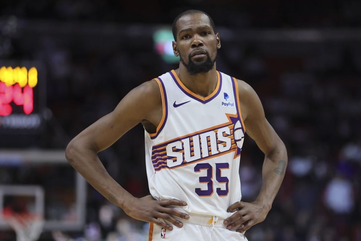 Jan 29, 2024; Miami, Florida, USA; Phoenix Suns forward Kevin Durant (35) looks on against the Miami Heat during the fourth quarter at Kaseya Center.