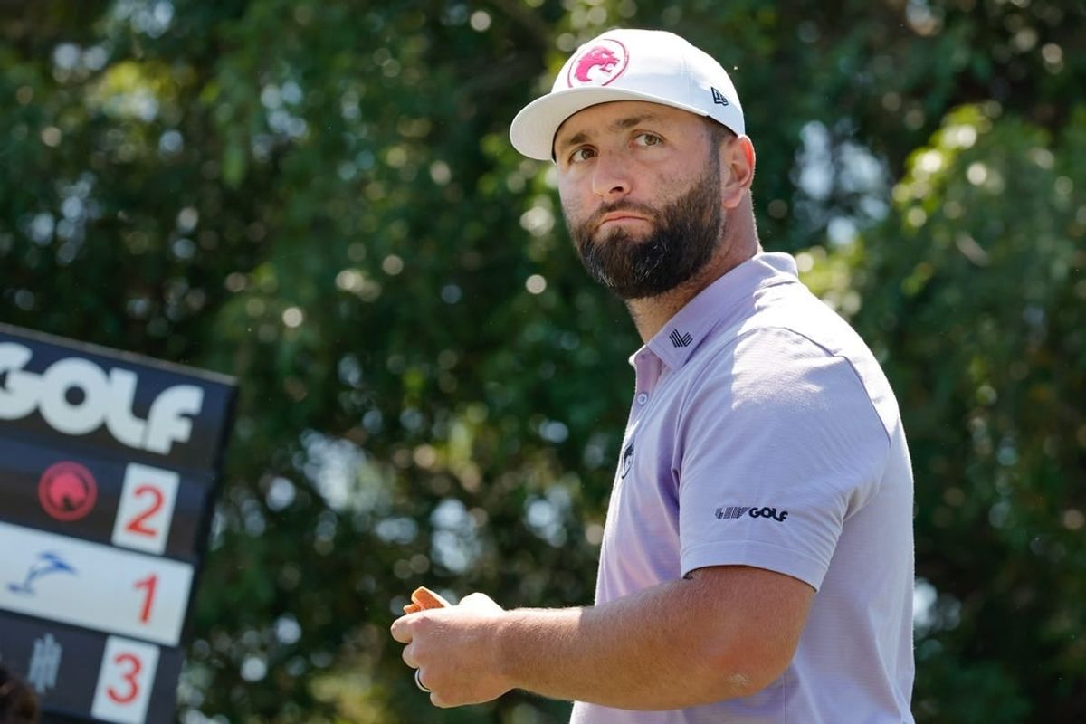 Apr 6, 2024; Miami, Florida, USA; Jon Rahm of Legion XIII walks off of the eighth tee during the second round of LIV Golf Miami golf tournament at Trump National Doral.