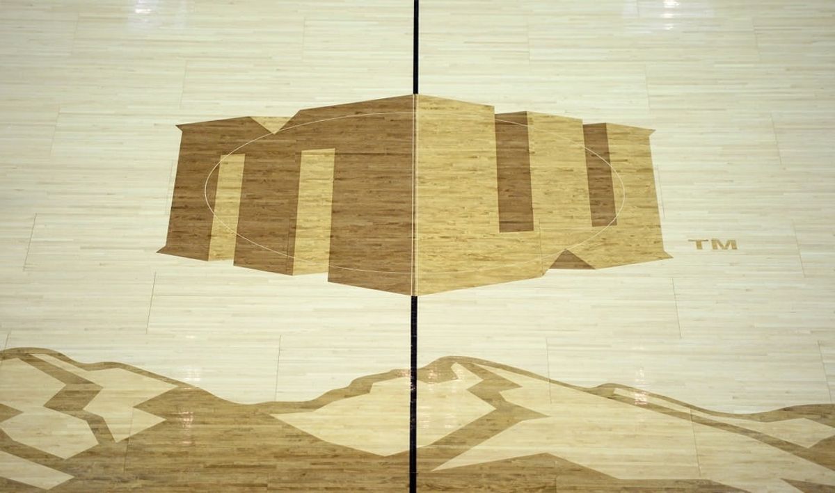 Mar 5, 2020; Las Vegas, Nevada, USA; A detailed view of the midcourt logo during the first half of a Mountain West Conference tournament game between the UNLV Rebels and Boise State Broncos at Thomas Mack Center.