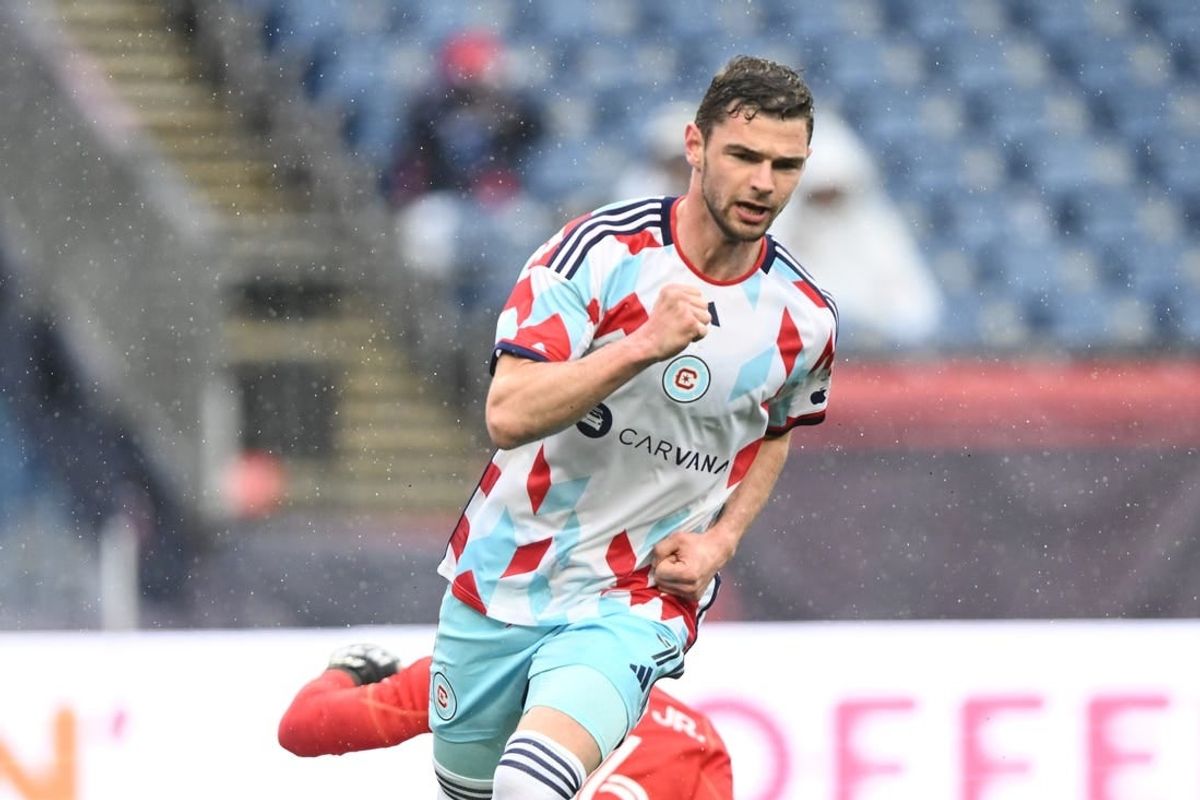 Mar 23, 2024; Foxborough, Massachusetts, USA; Chicago Fire FC forward Hugo Cuypers (9) celebrates after   a goal in the first half against the New England Revolution  at Gillette Stadium.