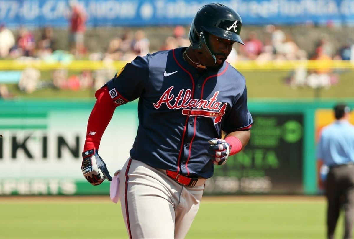 Feb 28, 2024; Clearwater, Florida, USA; Atlanta Braves center fielder Michael Harris II (23) hits a home run during the third inning against the Philadelphia Phillies at BayCare Ballpark.