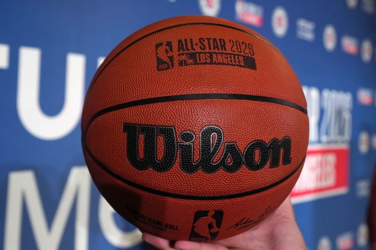 Jan 16, 2024; Inglewood, California, USA; A NBA official Wilson game ball with the 2026 NBA All-Star Game logo is displayed at a press conference at the Intuit Dome.