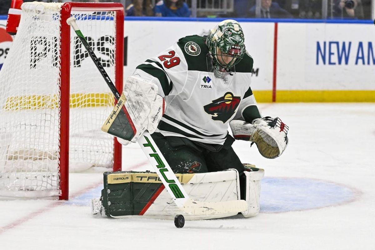 Mar 16, 2024; St. Louis, Missouri, USA;  Minnesota Wild goaltender Marc-Andre Fleury (29) makes a save against the St. Louis Blues during the second period at Enterprise Center.