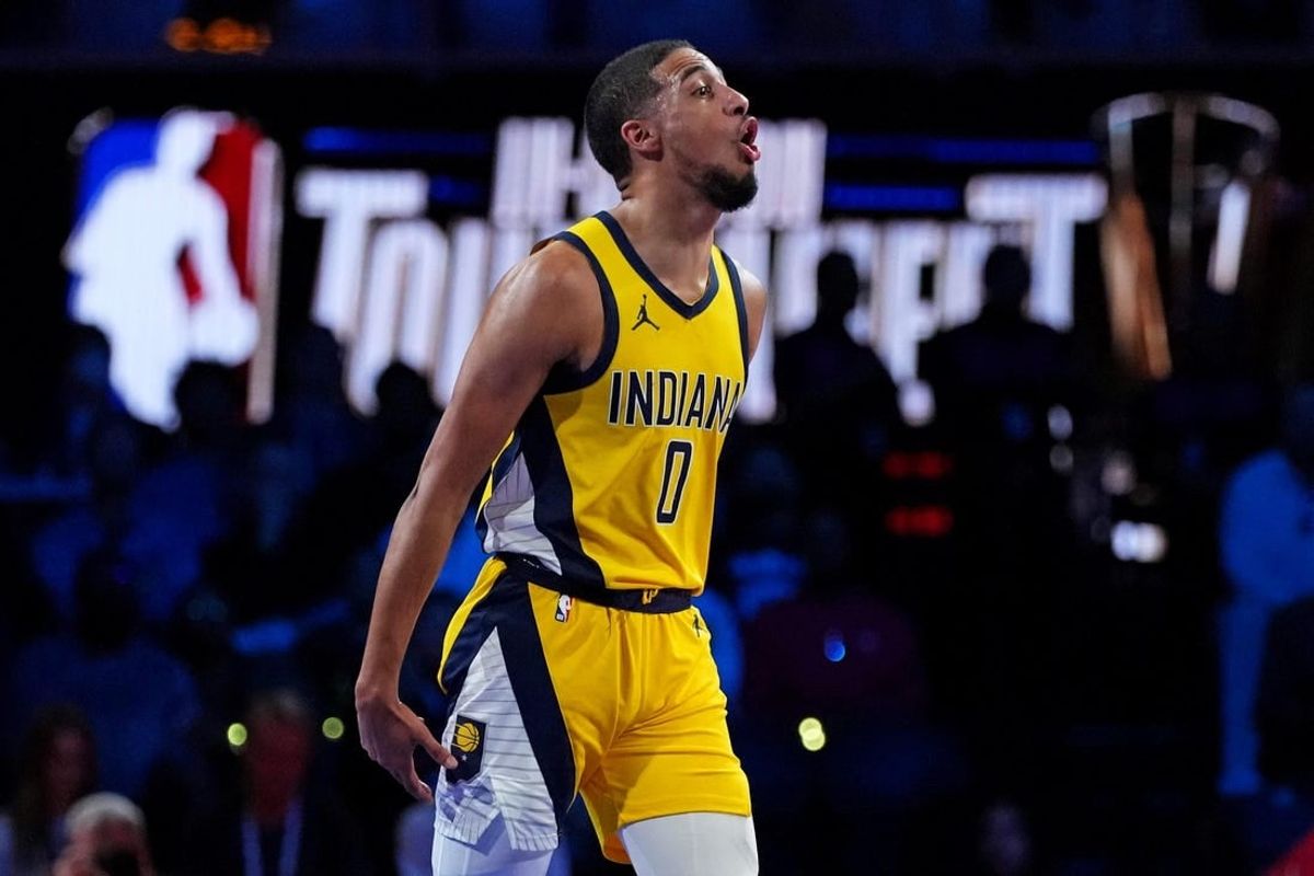 Dec 7, 2023; Las Vegas, Nevada, USA; Indiana Pacers guard Tyrese Haliburton (0) celebrates after beating the Milwaukee Bucks in the NBA In Season Tournament Semifinal at T-Mobile Arena.