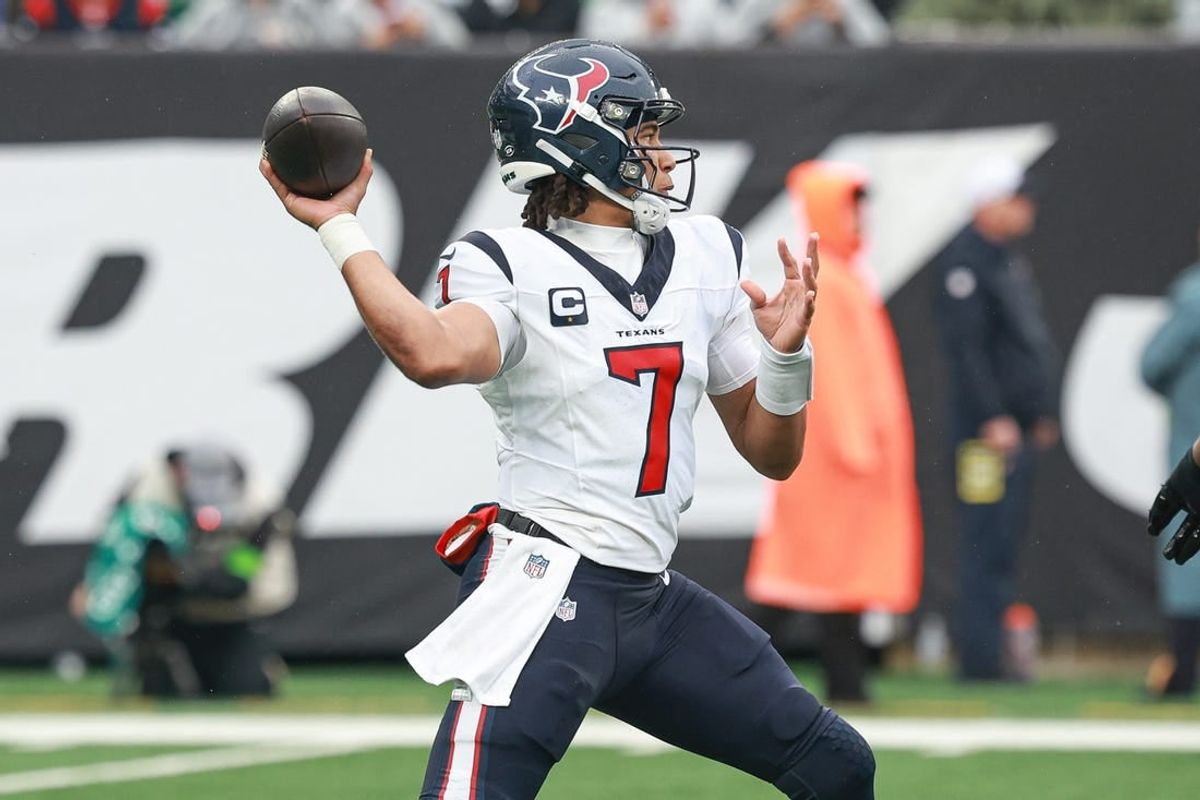 Dec 10, 2023; East Rutherford, New Jersey, USA; Houston Texans quarterback C.J. Stroud (7) throws the ball during the first half against the New York Jets at MetLife Stadium.