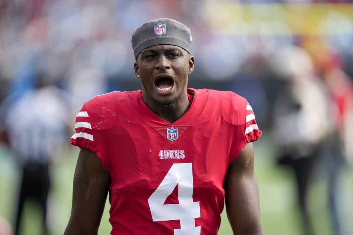 Oct 9, 2022; Charlotte, North Carolina, USA; San Francisco 49ers cornerback Emmanuel Moseley (4) during the first quarter against the Carolina Panthers at Bank of America Stadium.