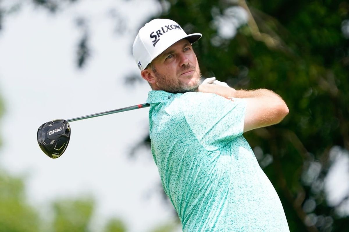 May 4, 2024; McKinney, Texas, USA; Taylor Pendrith plays his shot from the second tee during the third round of THE CJ CUP Byron Nelson golf tournament.