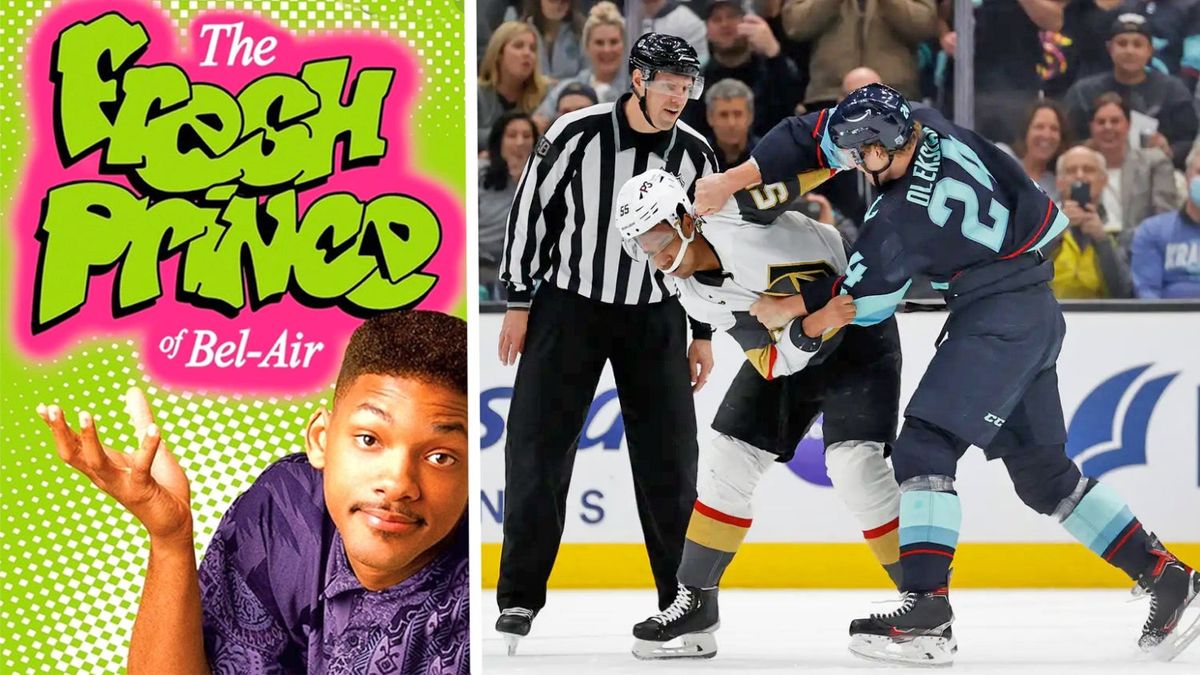 Jamie Oleksiak dukes it out with Keegan Kolesar while the DJ plays “Fresh Prince of Bel Air.”