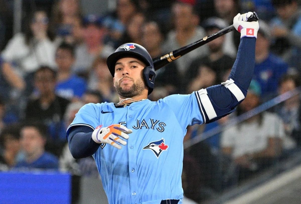 Apr 30, 2024; Toronto, Ontario, CAN;   Toronto Blue Jays center fielder George Springer (4) strikes out swinging against the Kansas City Royals in the eighth inning at Rogers Centre.