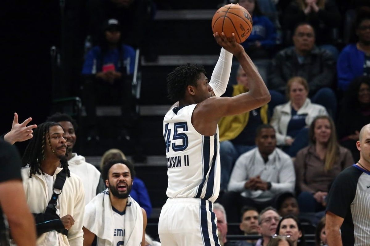 Feb 15, 2024; Memphis, Tennessee, USA; Memphis Grizzlies forward GG Jackson (45) shoots for three during the second half against the Milwaukee Bucks at FedExForum.