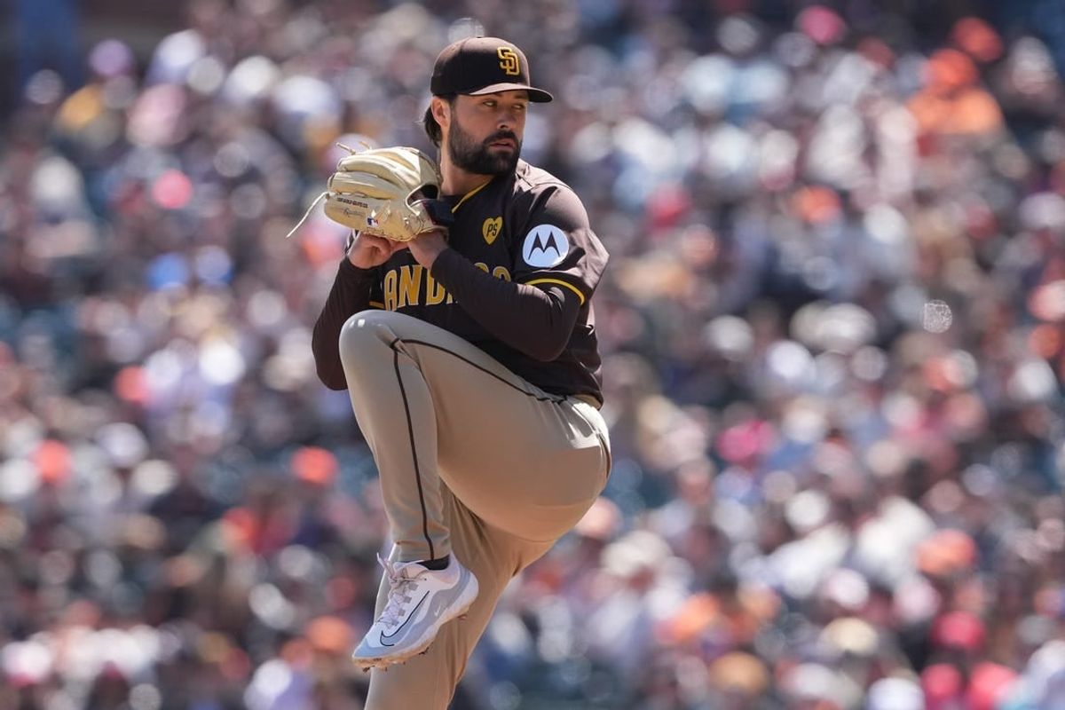Apr 7, 2024; San Francisco, California, USA; San Diego Padres starting pitcher Matt Waldron (61) throws a pitch against the San Francisco Giants during the first inning at Oracle Park.