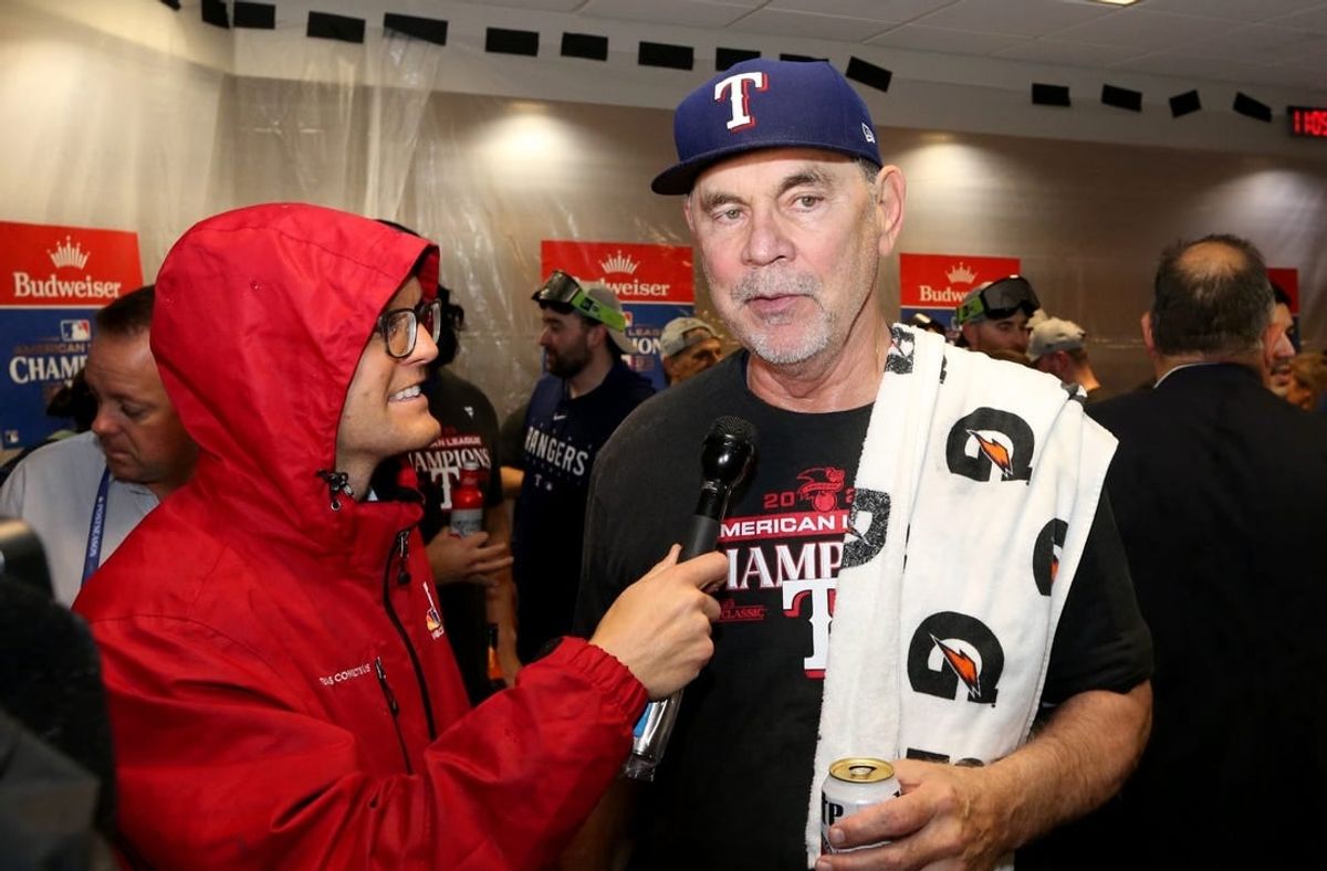 Oct 23, 2023; Houston, Texas, USA; Texas Rangers manager Bruce Bochy celebrates after winning game seven in the ALCS against the Houston Astros for the 2023 MLB playoffs at Minute Maid Park.