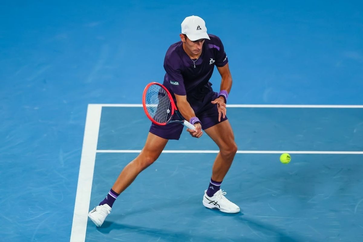 Jan 17, 2024; Melbourne, Victoria, Australia; Matteo Arnaldi of Italy plays a shot against Alex de Minaur (not pictured) of Australia in Round 2 of the Men's Singles on Day 4 of the Australian Open tennis at Rod Laver Arena.