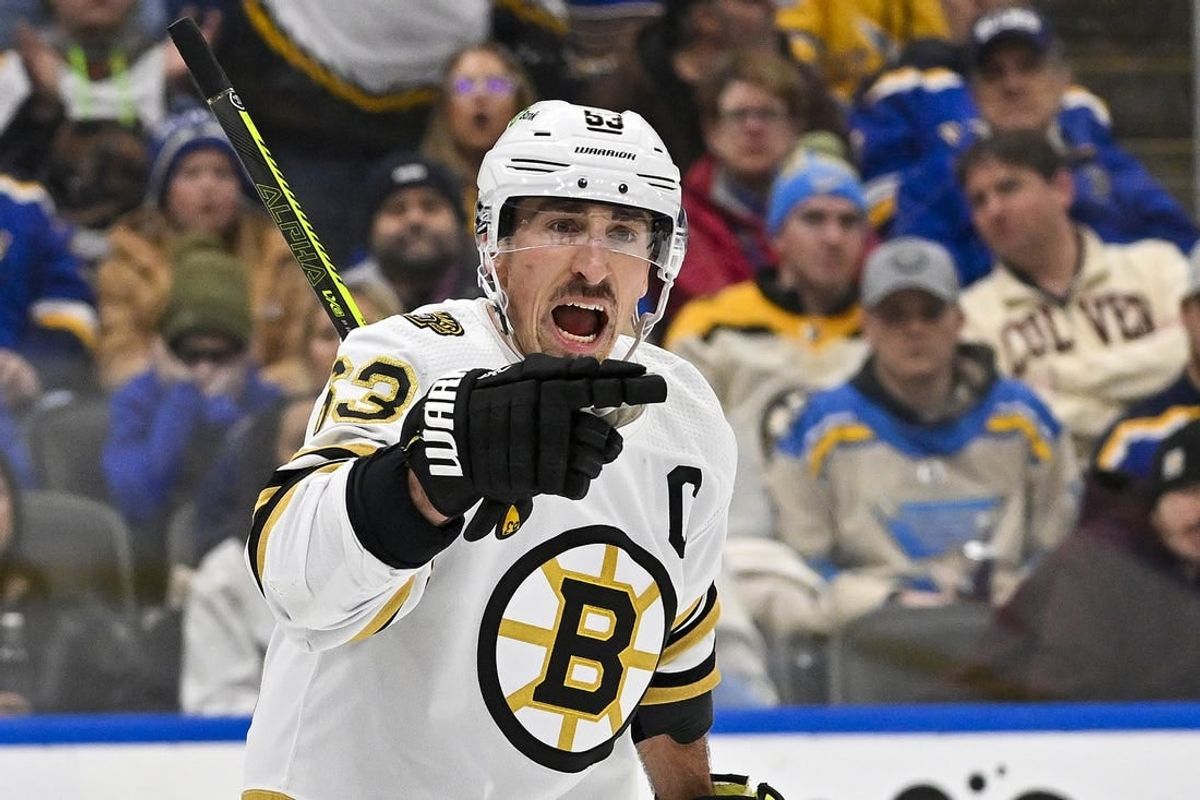 Jan 13, 2024; St. Louis, Missouri, USA;  Boston Bruins left wing Brad Marchand (63) reacts after scoring against the St. Louis Blues during the third period at Enterprise Center.