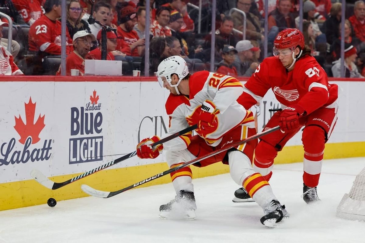 Oct 22, 2023; Detroit, Michigan, USA;  Calgary Flames center Elias Lindholm (28) and Detroit Red Wings defenseman Moritz Seider (53) battle for the puck in the third period at Little Caesars Arena.