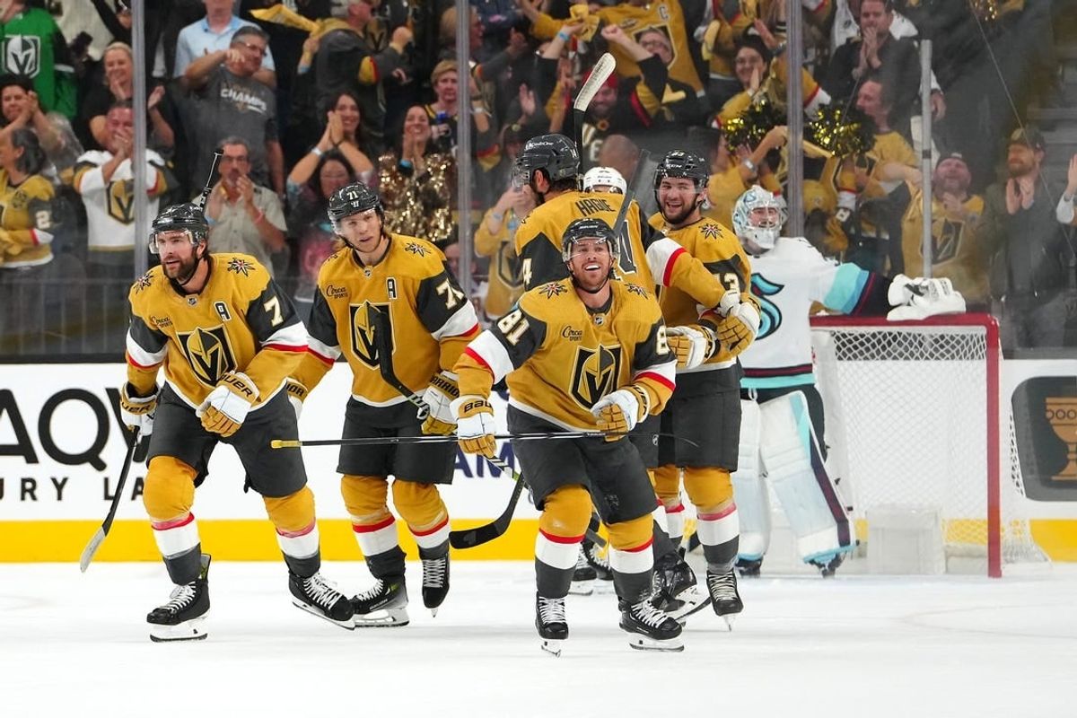 Oct 10, 2023; Las Vegas, Nevada, USA; Vegas Golden Knights right wing Jonathan Marchessault (81) skates back to the bench after scoring a goal against the Seattle Kraken during the first period at T-Mobile Arena.