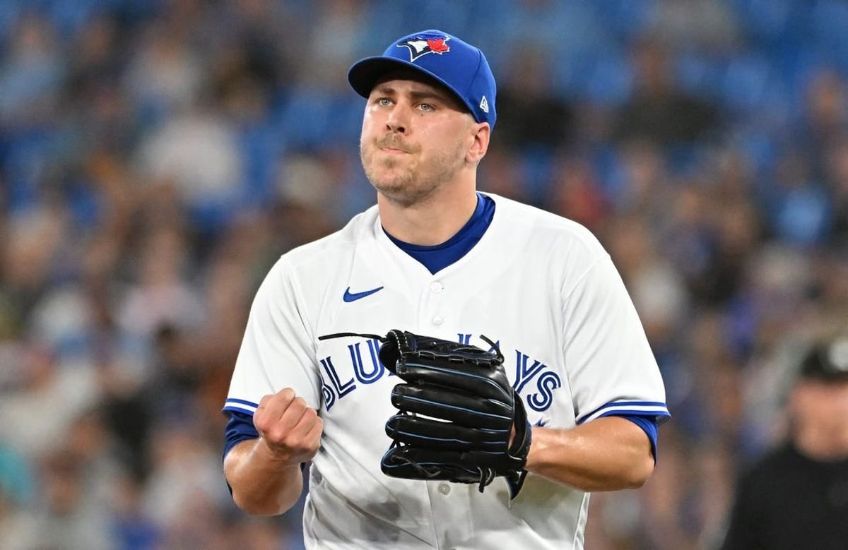 Jun 23, 2023; Toronto, Ontario, CAN;  Toronto Blue Jays relief pitcher Erik Swanson (50) reacts after the final out of the eighth inning against the Oakland Athletics at Rogers Centre.