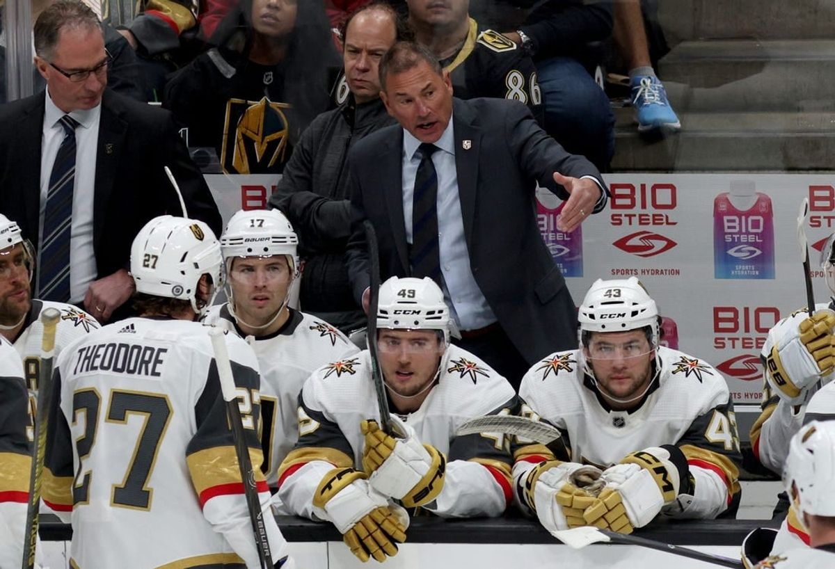 Nov 5, 2023; Anaheim, California, USA; Vegas Golden Knights head coach Bruce Cassidy talks to his team during the second period against the Anaheim Ducks at Honda Center.
