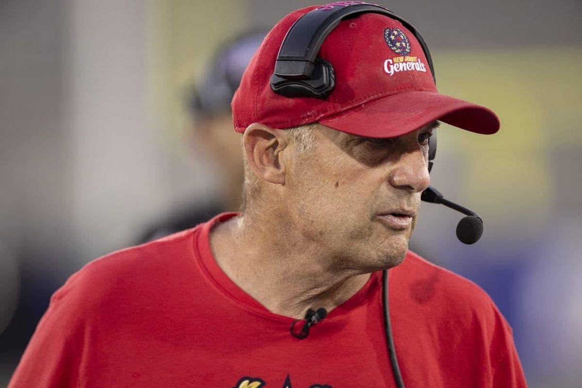 May 1, 2022; Birmingham, AL, USA; New Jersey Generals head coach Mike Riley works with his team during the first half at Protective Park.