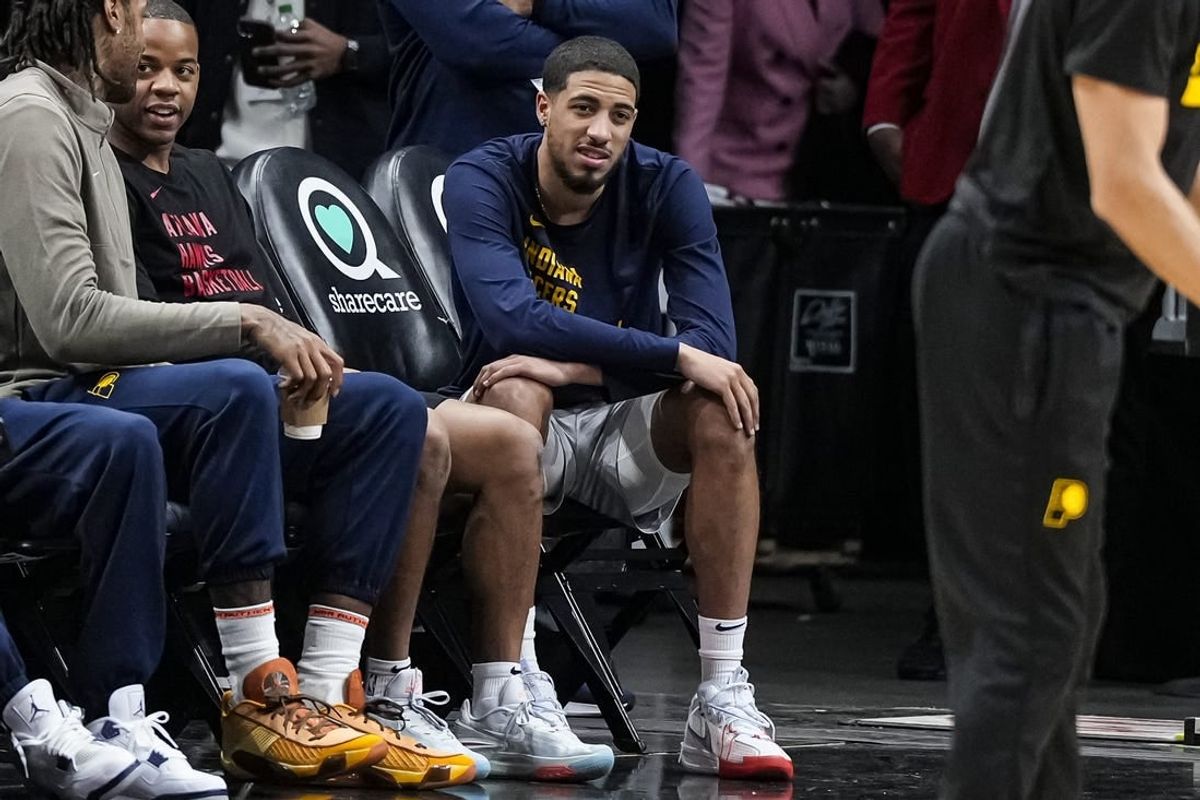 Jan 12, 2024; Atlanta, Georgia, USA; Indiana Pacers guard Tyrese Haliburton (0) on the sidelines before the game against the Atlanta Hawks at State Farm Arena.