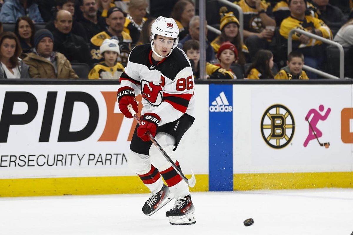 Dec 30, 2023; Boston, Massachusetts, USA; New Jersey Devils center Jack Hughes (86) during the first period against the Boston Bruins at TD Garden.