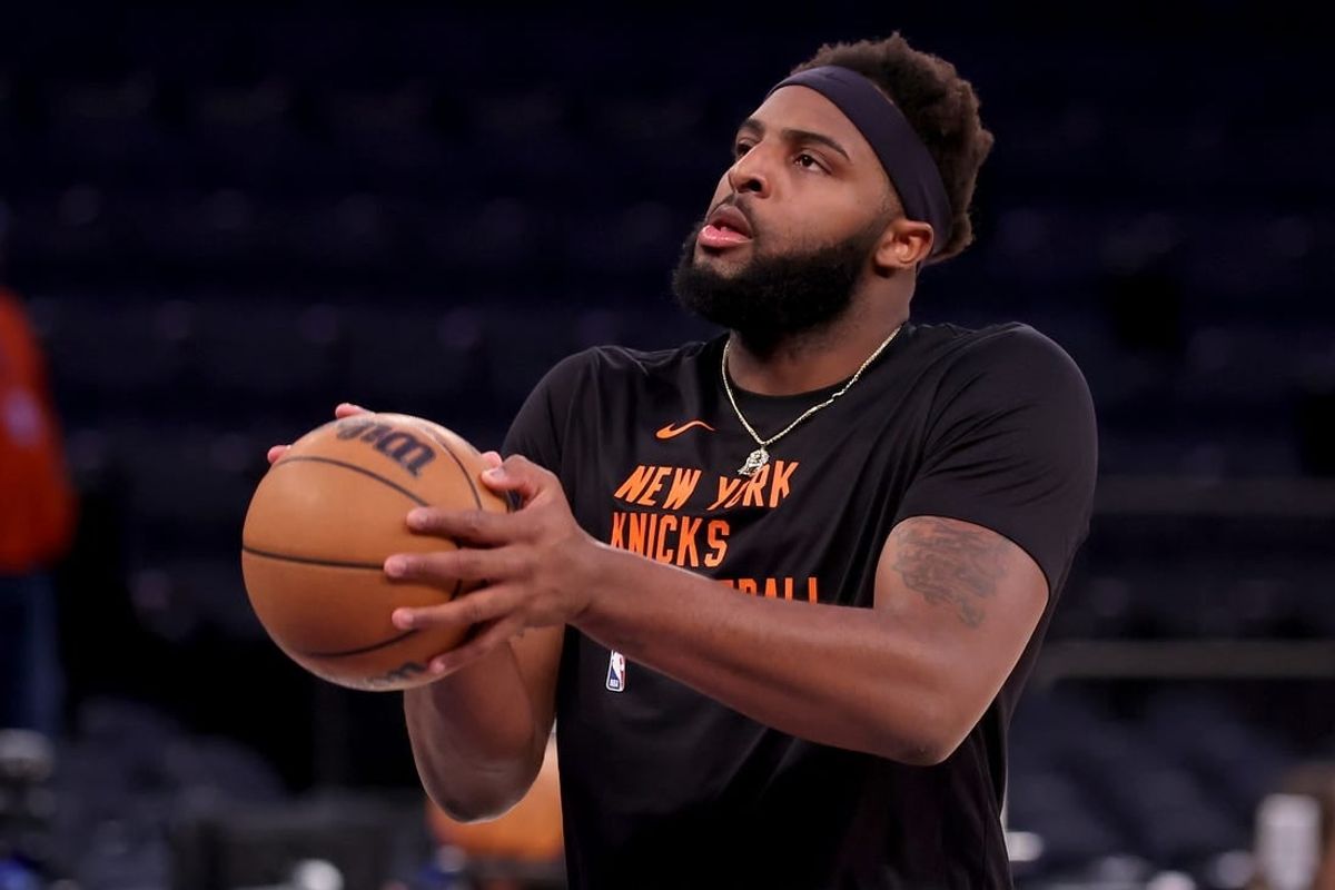 Apr 30, 2024; New York, New York, USA; New York Knicks center Mitchell Robinson (23) warms up before game five of the first round of the 2024 NBA playoffs against the Philadelphia 76ers at Madison Square Garden.