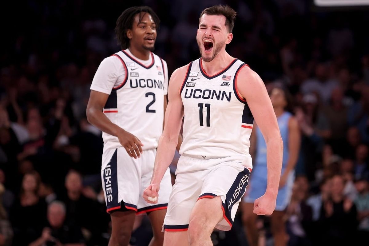 Dec 5, 2023; New York, New York, USA; Connecticut Huskies forward Alex Karaban (11) reacts during the second half against the North Carolina Tar Heels at Madison Square Garden.
