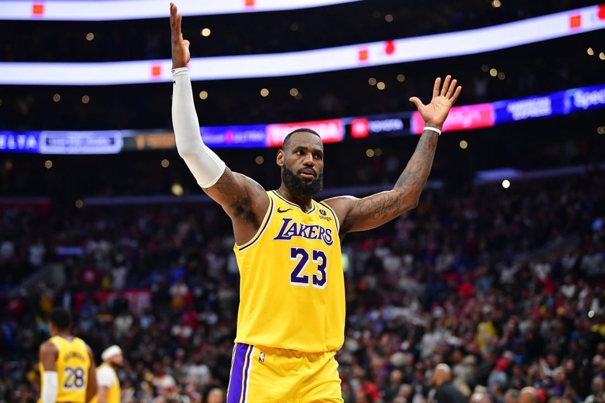 Feb 28, 2024; Los Angeles, California, USA; Los Angeles Lakers forward LeBron James (23) celebrates the victory against the Los Angeles Clippers at Crypto.com Arena.