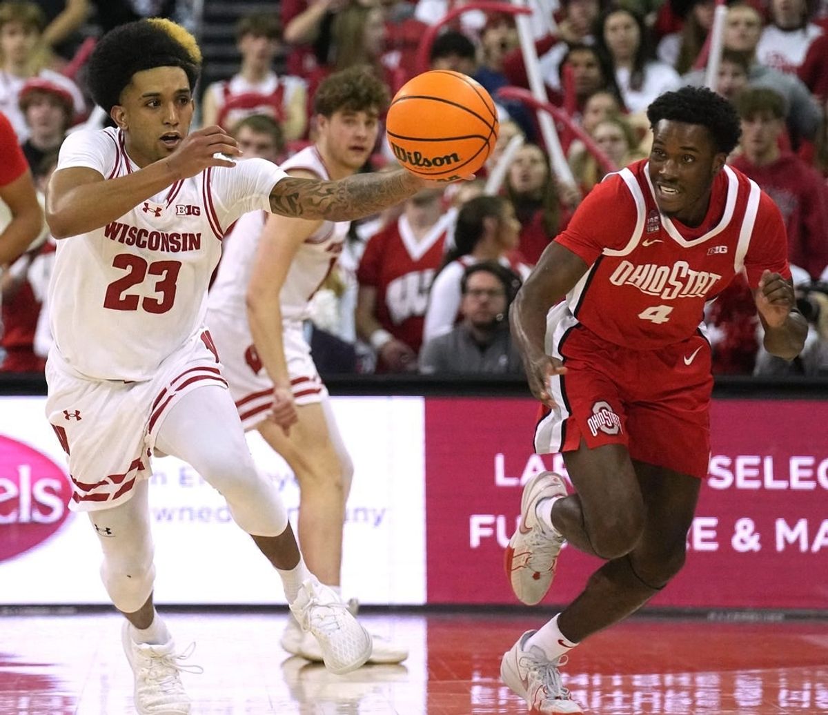 Wisconsin guard Chucky Hepburn (23) scores on a steal during the second half of their game Tuesday, February 13, 2024 at the Kohl Center in Madison, Wisconsin. Wisconsin beat Ohio State 62-54.