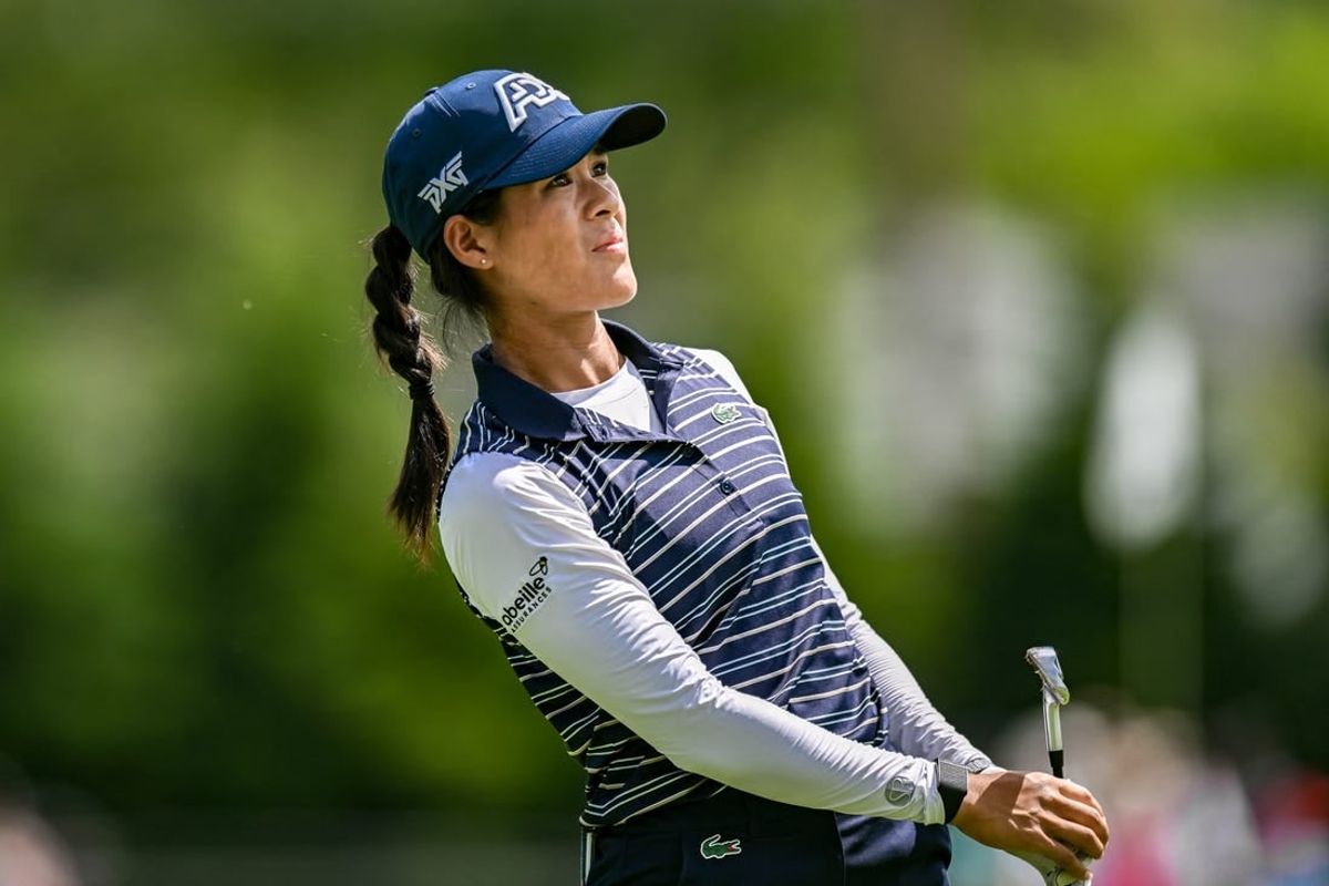 Jun 25, 2023; Springfield, New Jersey, USA; Celine Boutier tees off on the 4th hole during the final round of the KPMG Women's PGA Championship golf tournament.