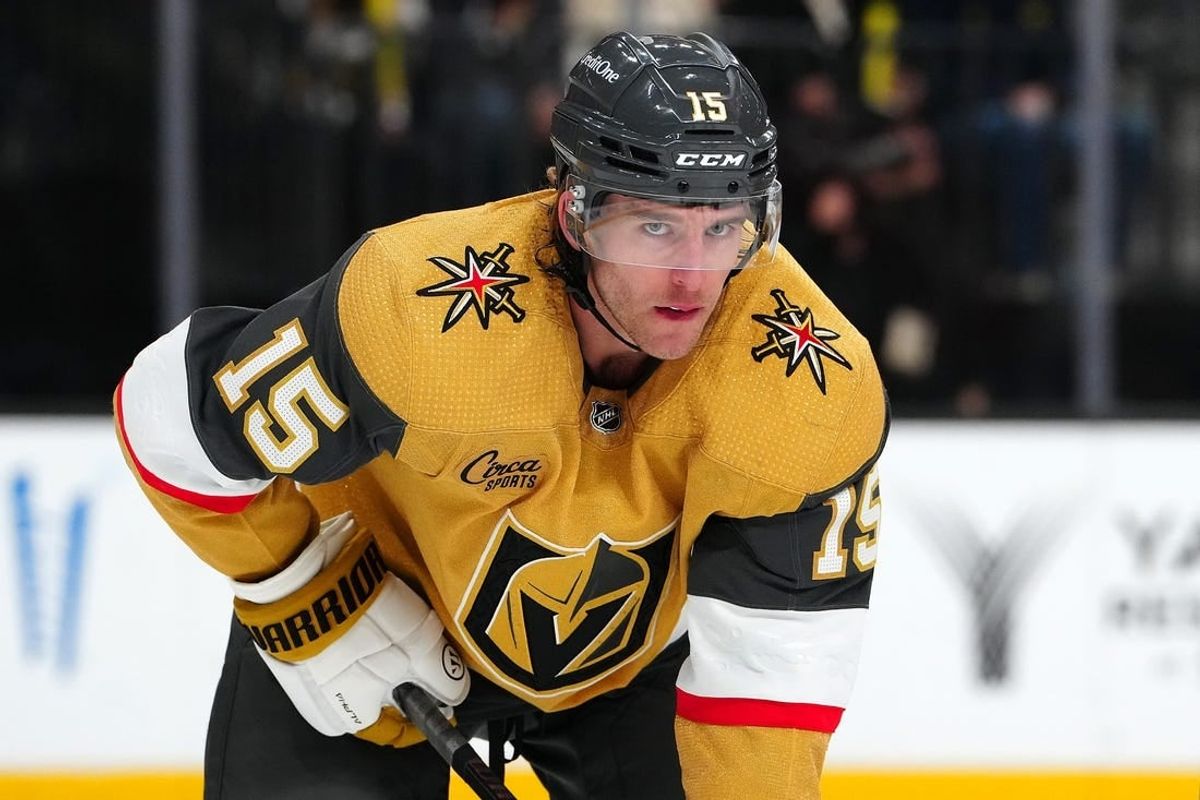 Apr 2, 2024; Las Vegas, Nevada, USA; Vegas Golden Knights defenseman Noah Hanifin (15) awaits a face off against the Vancouver Canucks during the second period at T-Mobile Arena.