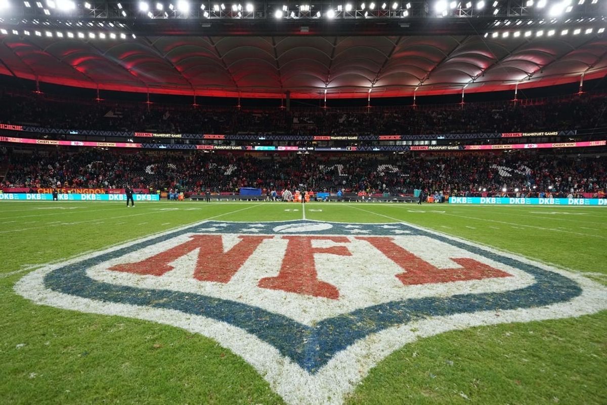 Nov 5, 2023; Frankfurt, Germany; The NFL shield logo at midfield during an NFL International Series game at Deutsche Bank Park.