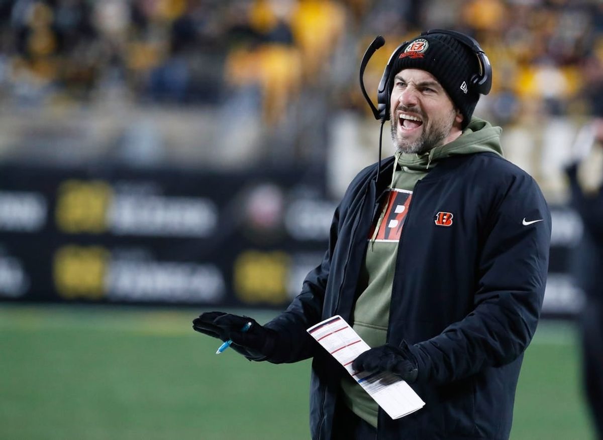 Nov 20, 2022; Pittsburgh, Pennsylvania, USA;  Cincinnati Bengals quarterbacks coach Dan Pitcher gestures on the sidelines against the Pittsburgh Steelers during the second quarter at Acrisure Stadium.