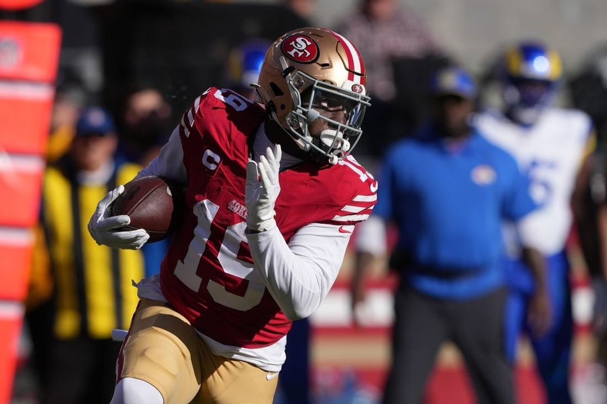 Jan 7, 2024; Santa Clara, California, USA; San Francisco 49ers wide receiver Deebo Samuel (19) runs after a catch against the Los Angeles Rams during the first quarter at Levi's Stadium.