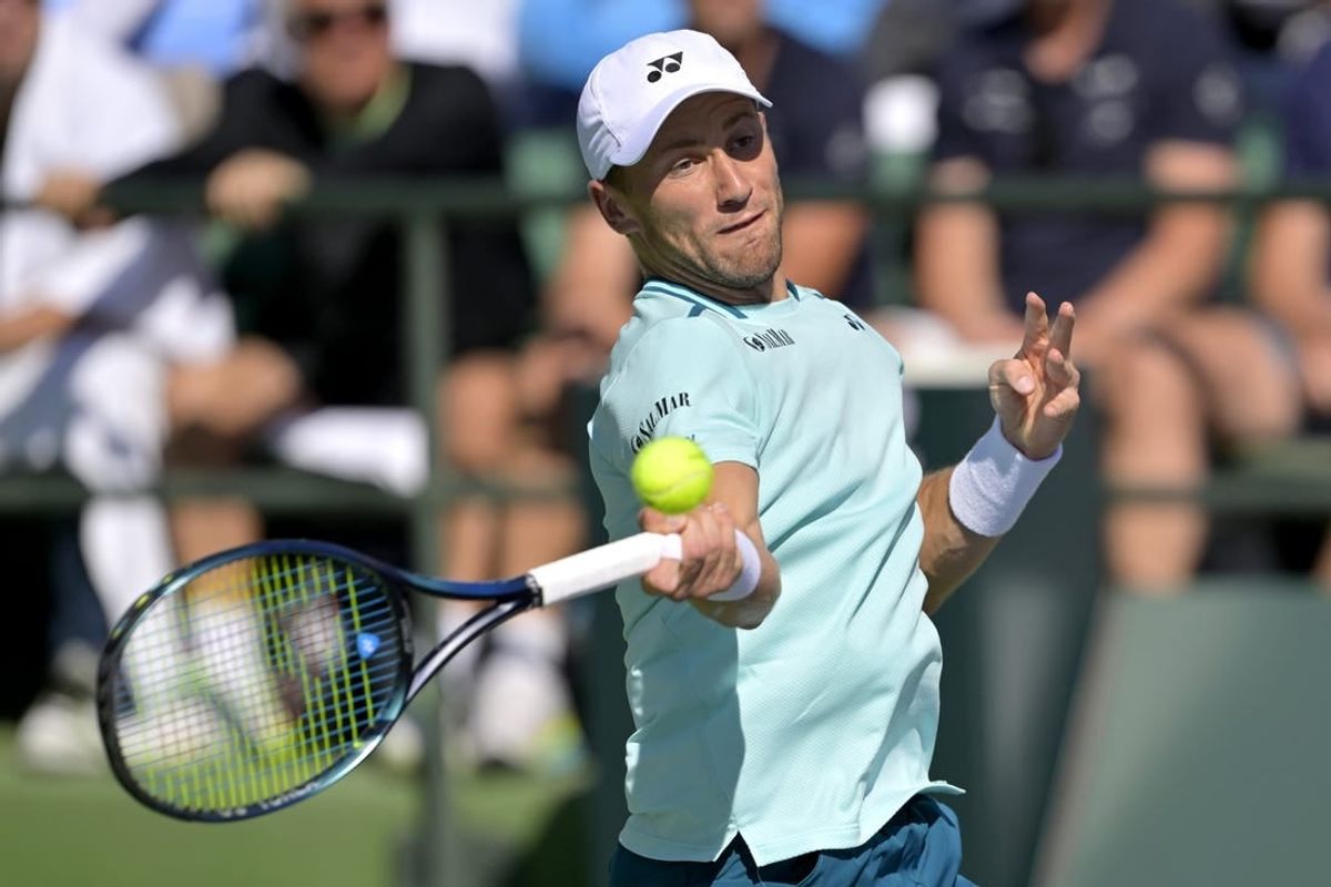 Mar 11, 2024; Indian Wells, CA, USA; Casper Ruud (NOR) hits a shot in his third round match defeating Arthur Fils (FRA) in the BNP Paribas Open at the Indian Wells Tennis Garden.